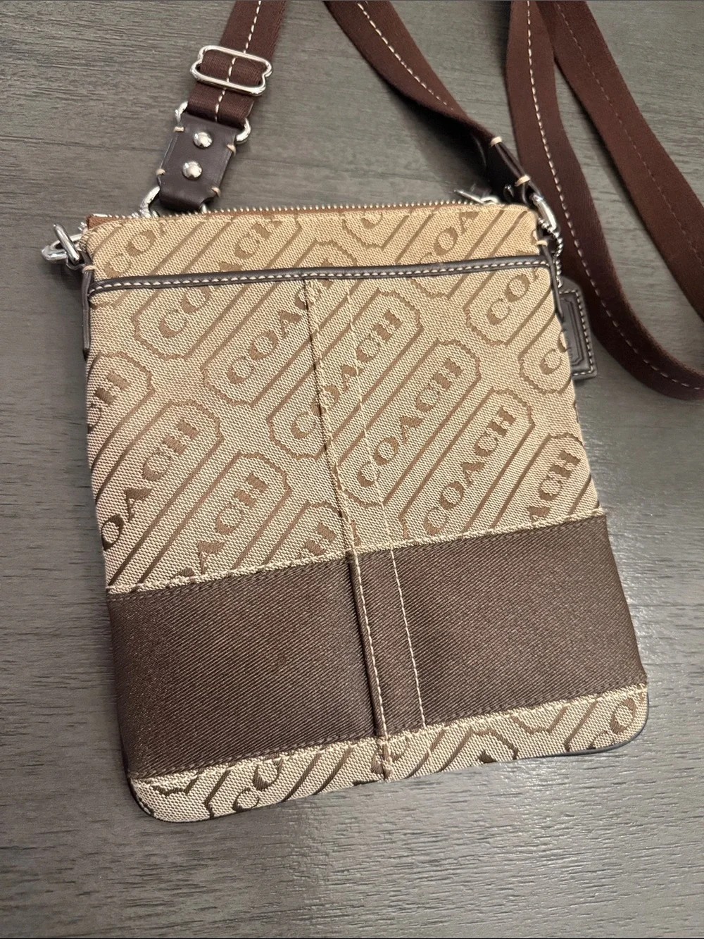 Coach Signature Jacquard North South Swingpack Crossbody Bag Brown Tan
